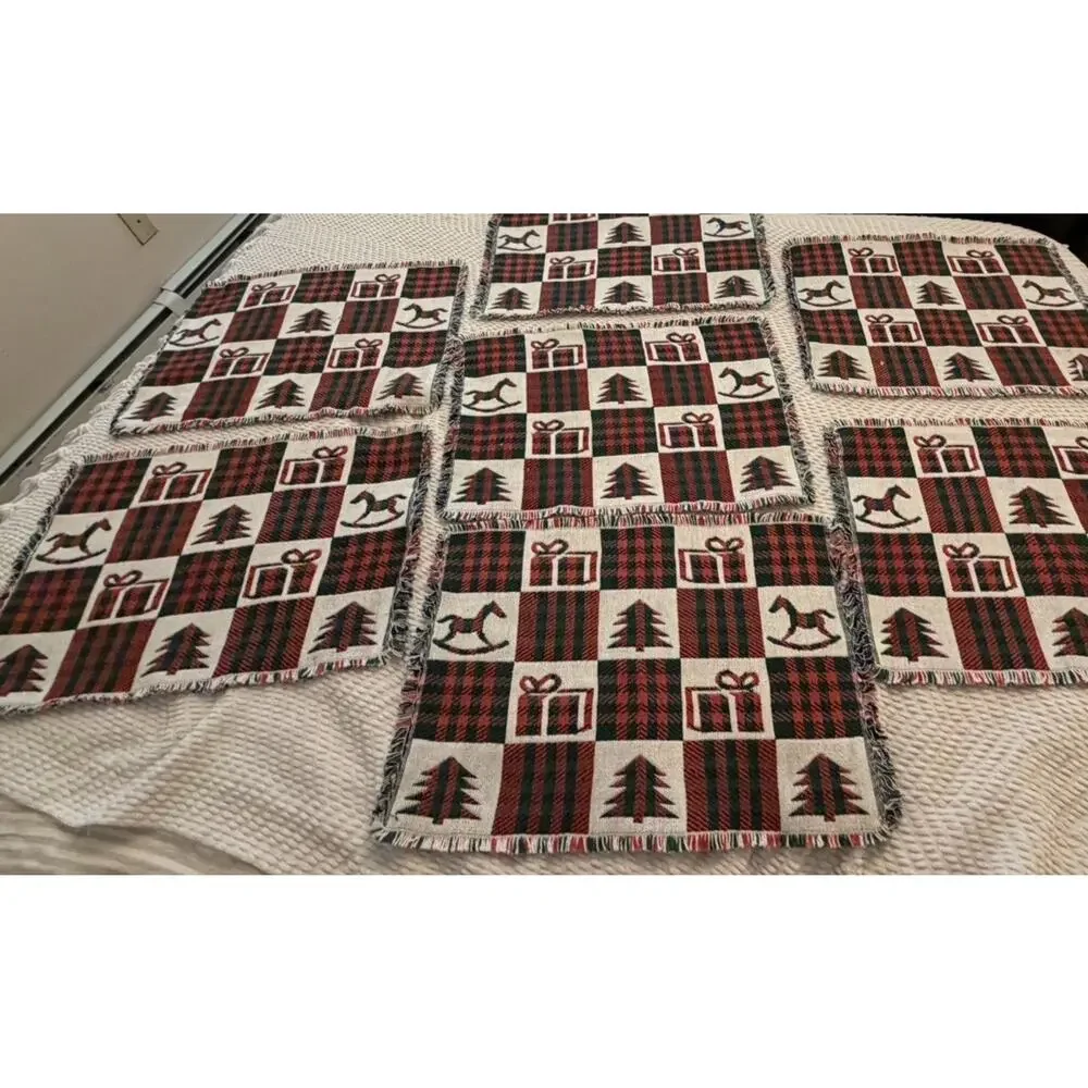 Vintage Winter CHRISTMAS PLACE MATS SET Of 7 Rocking Horse Tree Present 3934/20